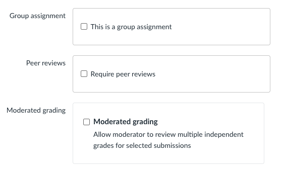 The group assignment, peer review and moderated grading settings as seen for a Canvas assignment