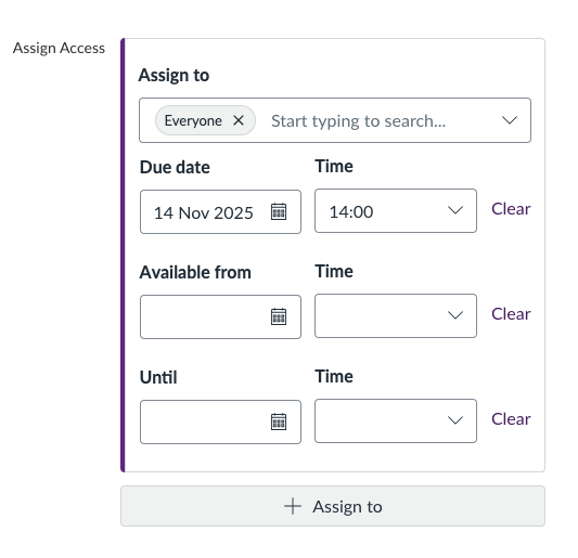 Assign Access settings, showing that this assignment is assigned to everyone and due on 14 Nov 2025 at 14:00