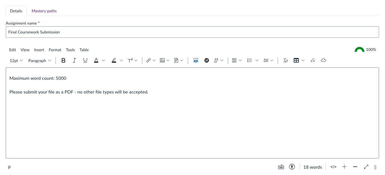 Screenshot of the title and description area in assignment creation