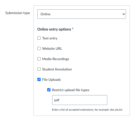 Canvas assignment submission type settings. Here, file upload is enabled with upload file types restricted to pdf