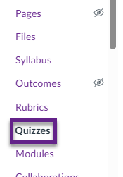 Course navigation menu with 'Quizzes' indicated and selected.