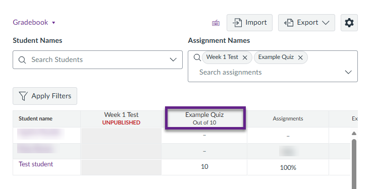 'Example Quiz' indicated, showing that the word 'manual' is no longer present next to it.