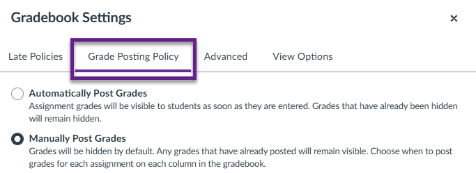 Gradebook Settings open with 'Grade Posting Policy' indicated and 'Manually Post Grades' selected.