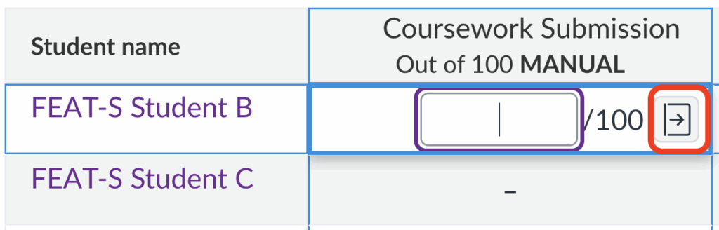Screenshot showing the Grade Detail Tray icon appearing inside a Gradebook cell.