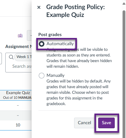 Grade Posting Policy open for 'Example Quiz' with 'Automatically' button selected and 'Save' button indicated.