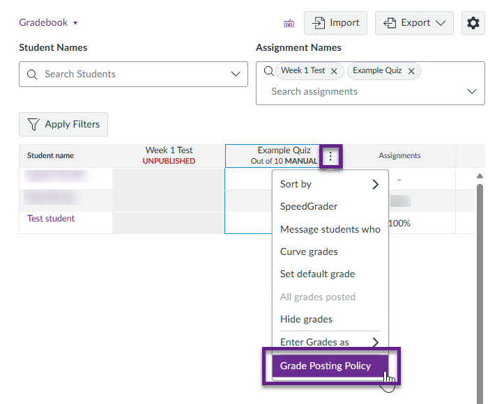 Ellipsis indicated and selected next to 'Example Quiz' with the Grade Posting Policy option indicated.