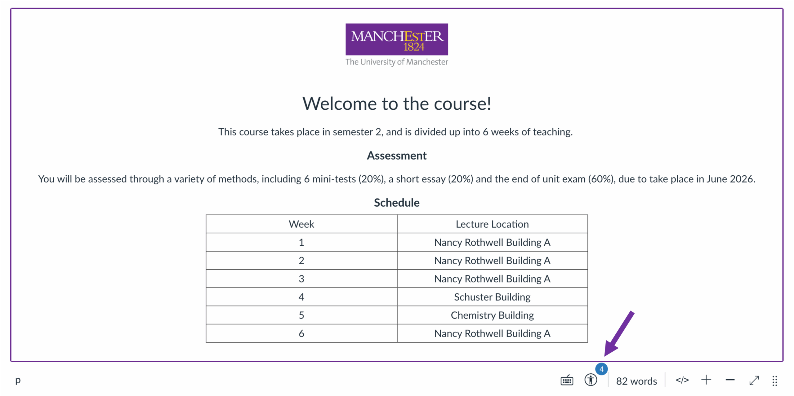 The rich content editor accessibility checker indicating that there are 4 issues within the content.