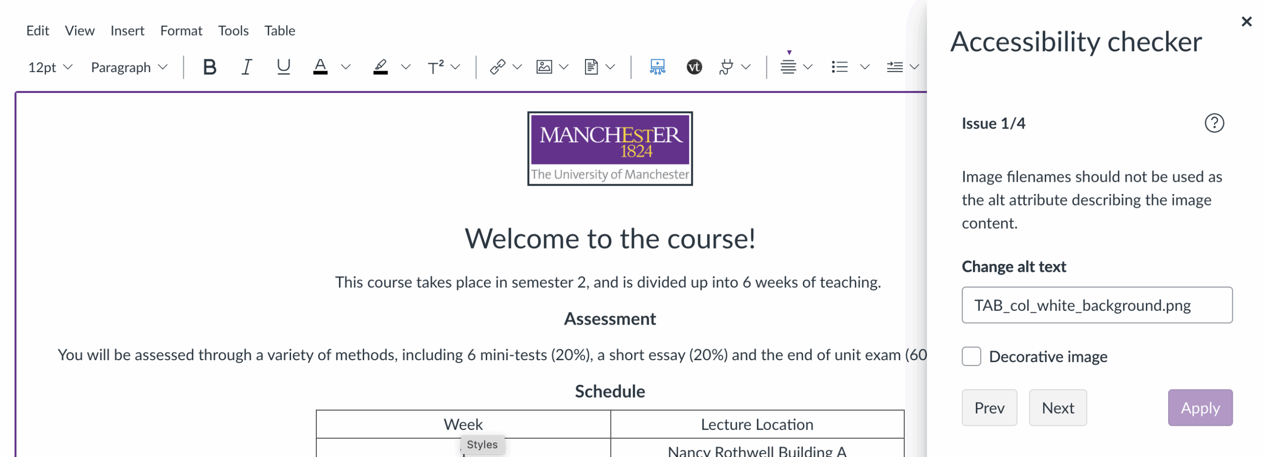 The accessibility checker sidebar, indicating that there is an issue relating to alt text within the content