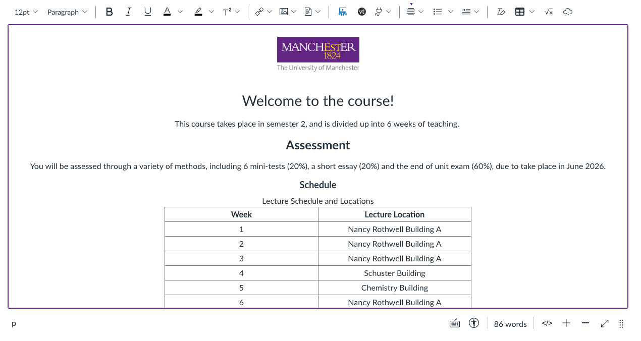 The rich content editor, with the accessibility checker indicating that there are no current issues
