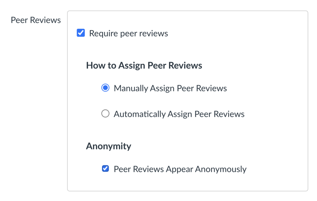 Canvas assignment settings showing peer review options. ‘Require peer reviews’ and ‘Peer Reviews Appear Anonymously’ are selected.