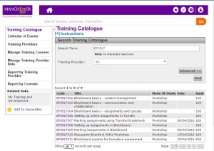 screenshot of University of Manchester staff training catalogue
